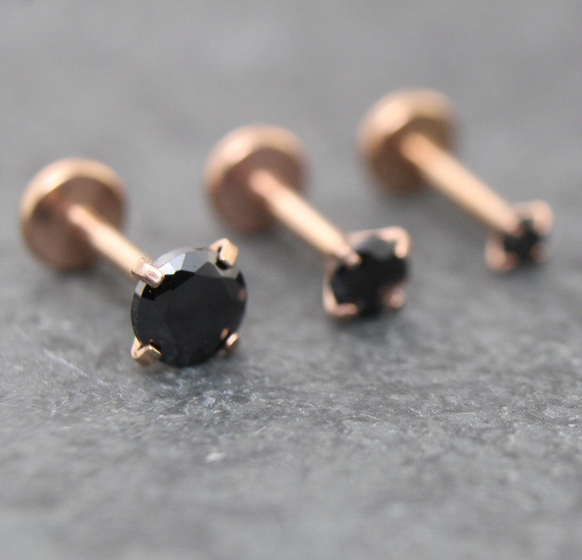 Black CZ Threadless Rose Gold Stud Earring • Tiny Tragus Flat Back • Labret Piercing Stud • Rose Gold PVD Nose Stud • Forward Helix Earring