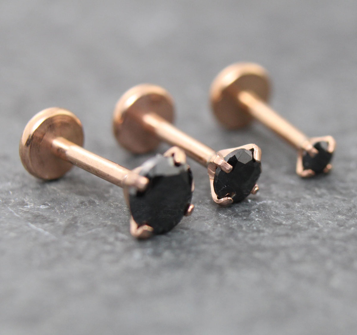 Black CZ Threadless Rose Gold Stud Earring • Tiny Tragus Flat Back • Labret Piercing Stud • Rose Gold PVD Nose Stud • Forward Helix Earring