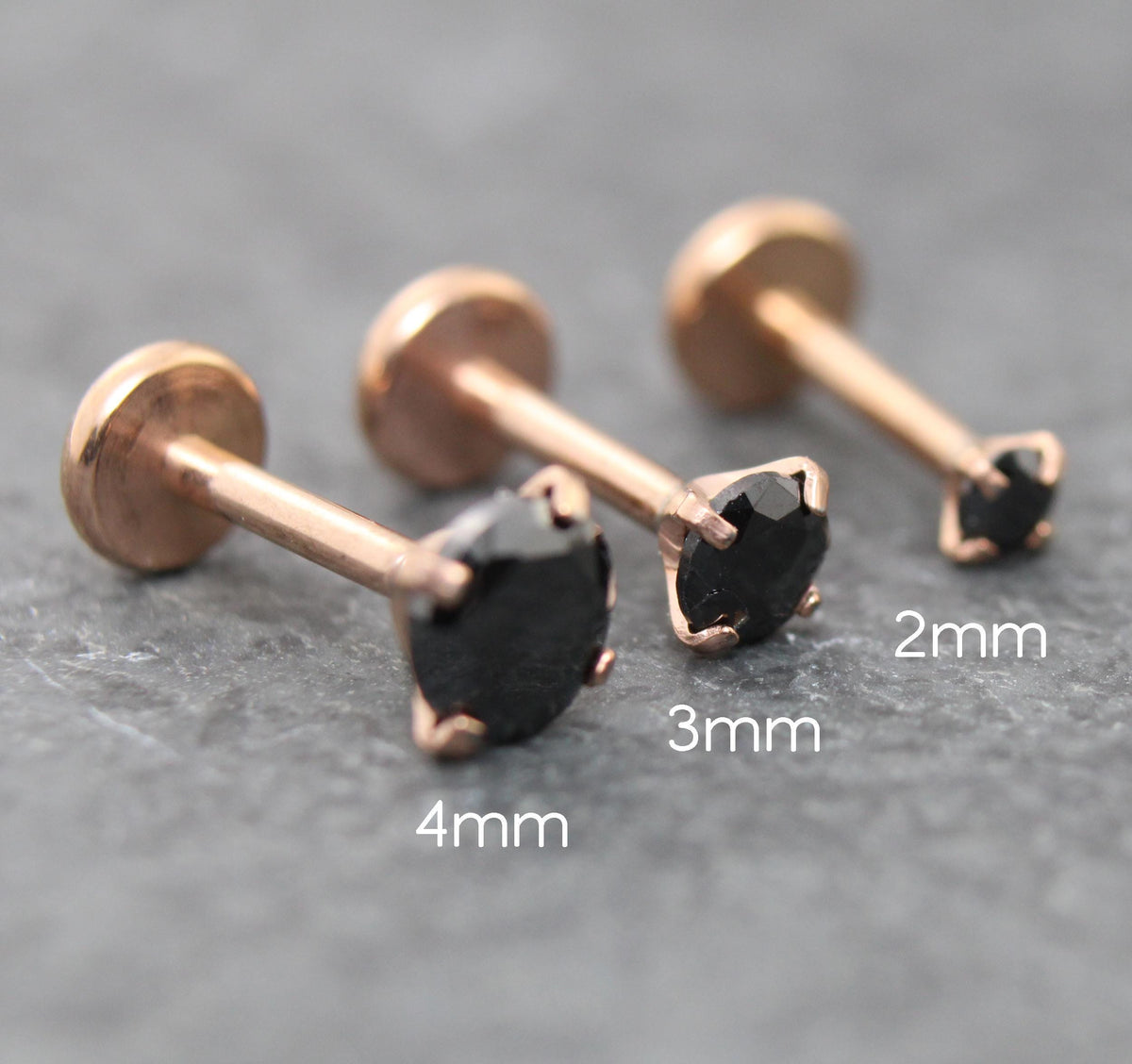 Black CZ Threadless Rose Gold Stud Earring • Tiny Tragus Flat Back • Labret Piercing Stud • Rose Gold PVD Nose Stud • Forward Helix Earring