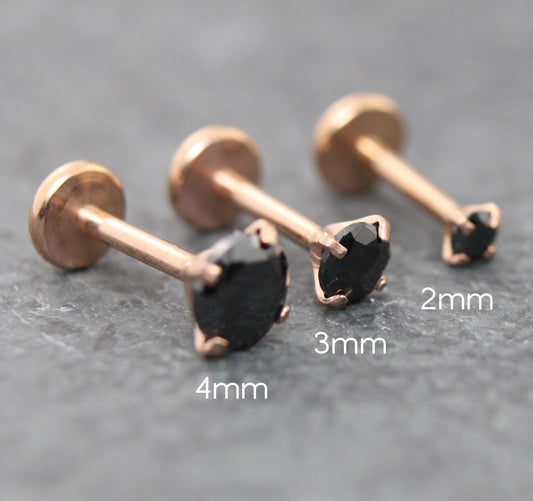 Black CZ Threadless Rose Gold Stud Earring • Tiny Tragus Flat Back • Labret Piercing Stud • Rose Gold PVD Nose Stud • Forward Helix Earring