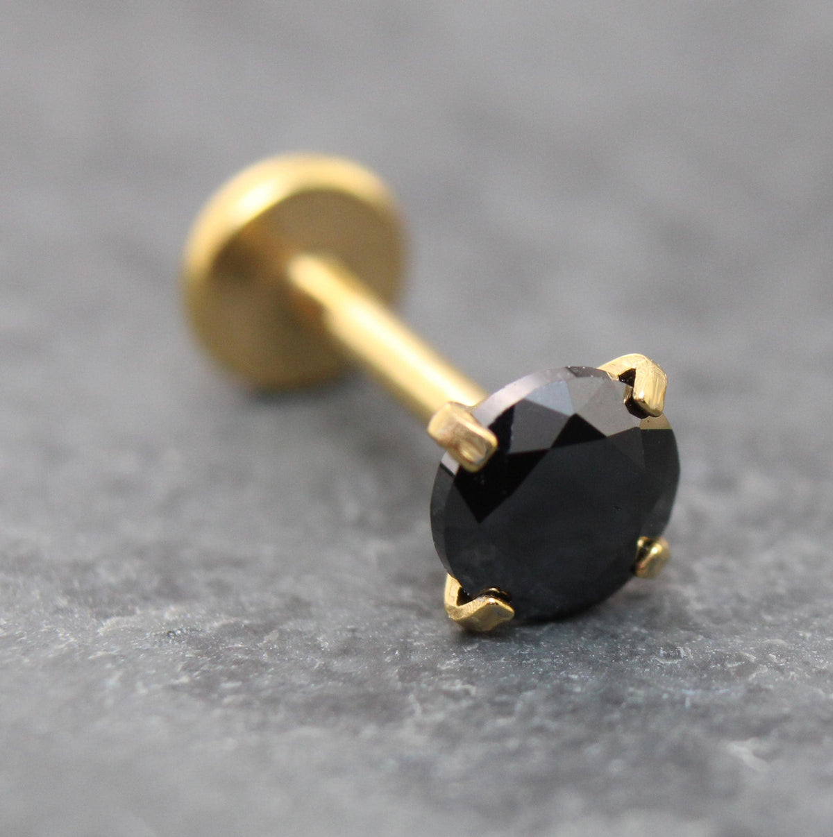 Black CZ Gold Threadless Stud Earrings ~ Push Pin Nose Ring ~ Tragus Piercing Stud ~ Labret Earring ~ Gold PVD Flat Back Earring Stack