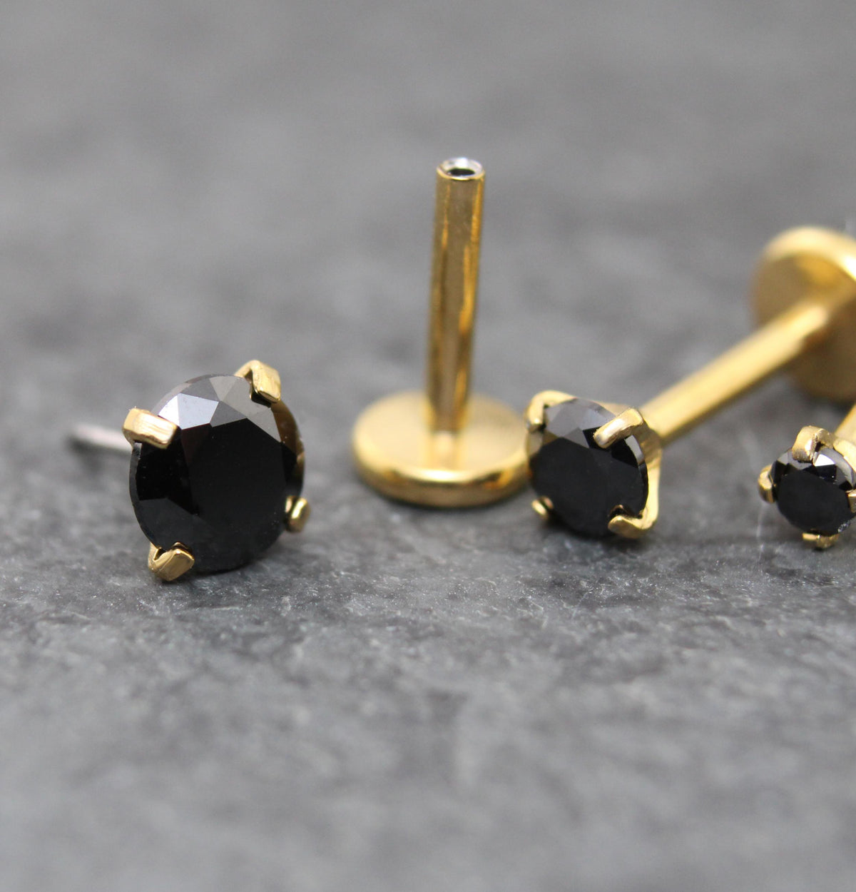 Black CZ Gold Flat Back Stud Earrings ~ Push Pin Nose Ring ~  Tiny Tragus Piercing Stud ~ Labret Earring ~ Gold PVD Threadless Earring Stack