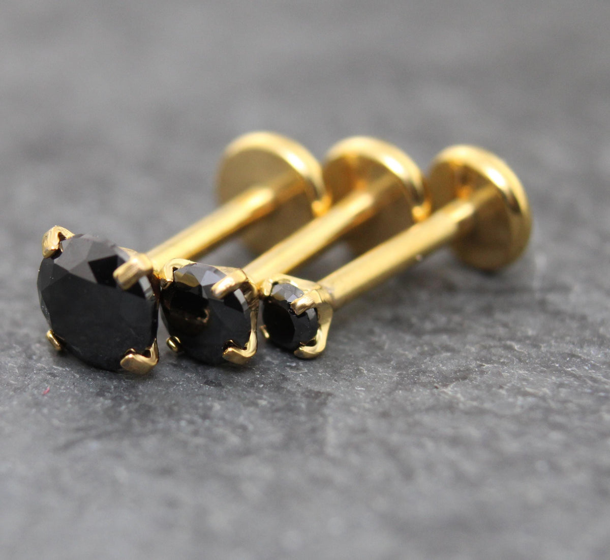 Black CZ Gold Threadless Stud Earrings ~ Push Pin Nose Ring ~ Tragus Piercing Stud ~ Labret Earring ~ Gold PVD Flat Back Earring Stack