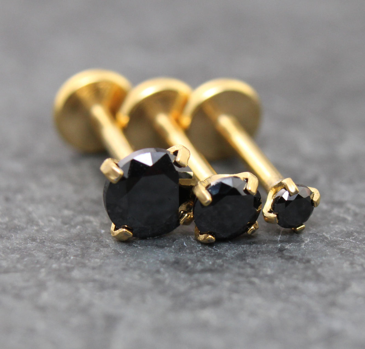Black CZ Gold Threadless Stud Earrings ~ Push Pin Nose Ring ~ Tragus Piercing Stud ~ Labret Earring ~ Gold PVD Flat Back Earring Stack