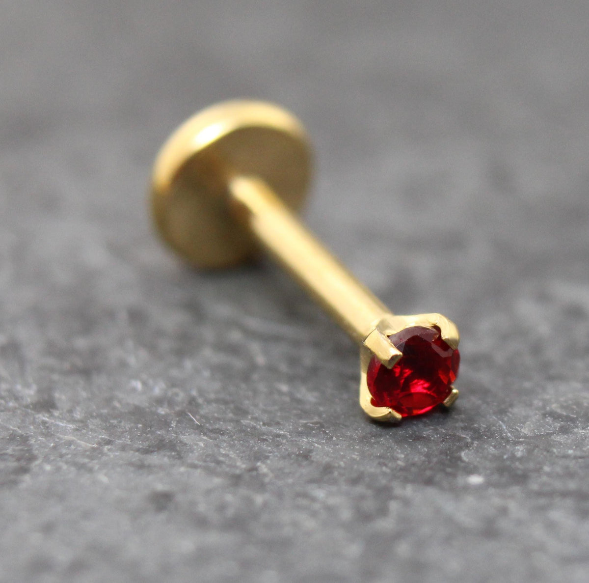 Red CZ Gold Flat Back Stud Earrings ~ Push Pin Nose Ring ~  Tiny Tragus Piercing Stud ~ Cartilage Stud ~ Gold PVD Threadless Earring Stack