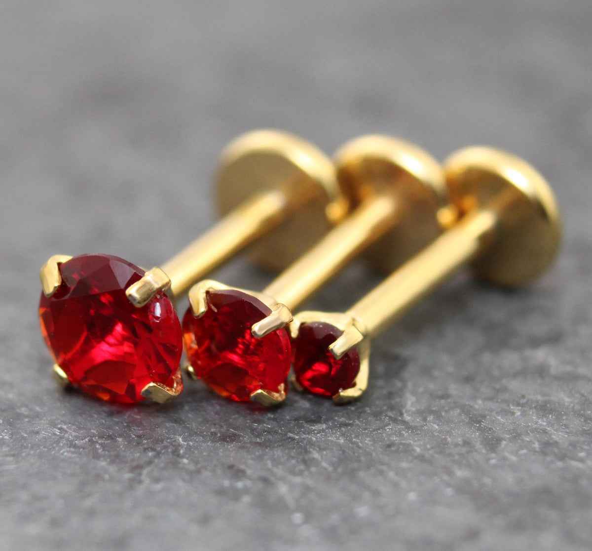 Red CZ Gold Flat Back Stud Earrings ~ Push Pin Nose Ring ~  Tiny Tragus Piercing Stud ~ Cartilage Stud ~ Gold PVD Threadless Earring Stack