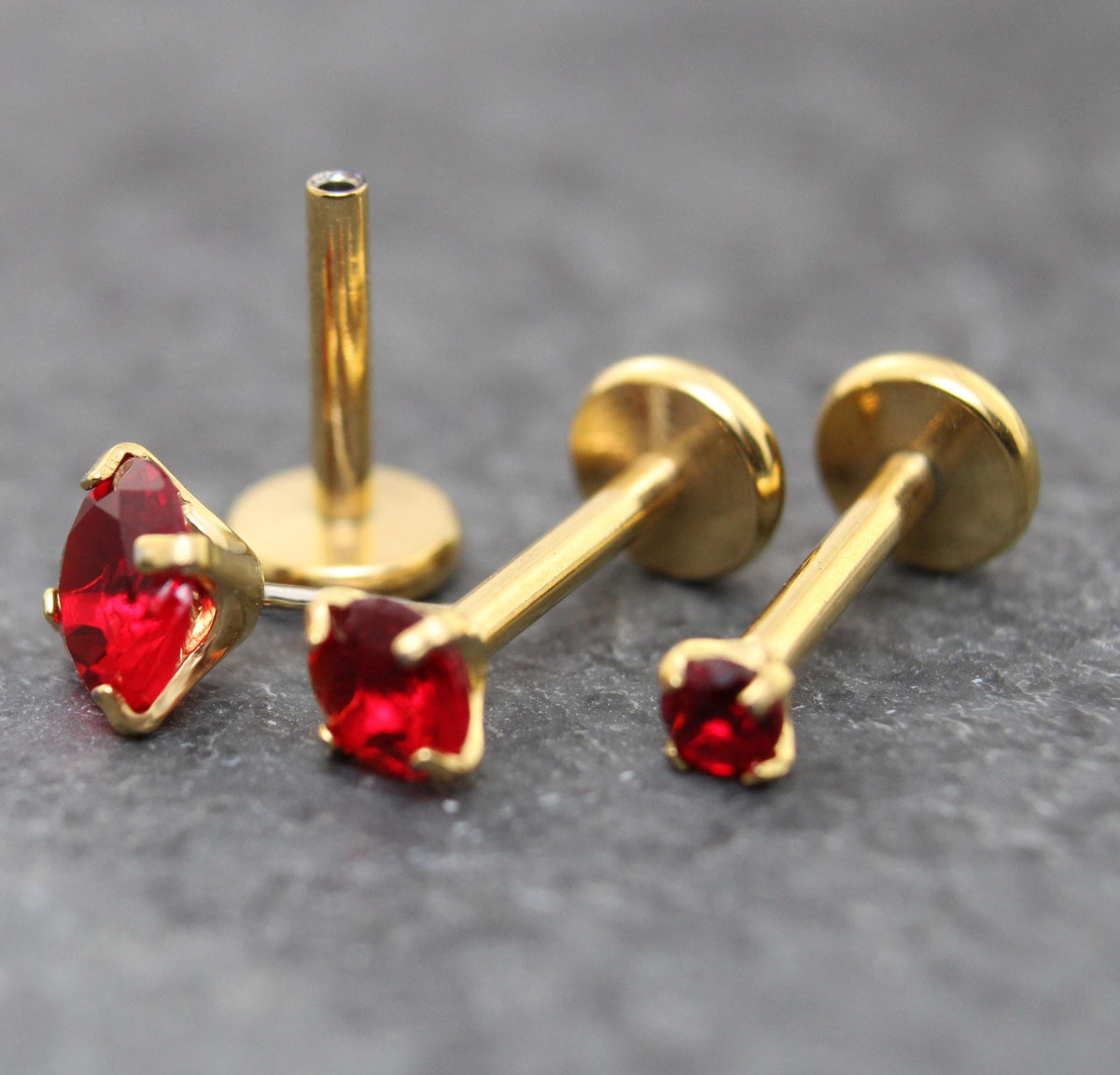 Red CZ Gold Flat Back Stud Earrings ~ Push Pin Nose Ring ~  Tiny Tragus Piercing Stud ~ Cartilage Stud ~ Gold PVD Threadless Earring Stack
