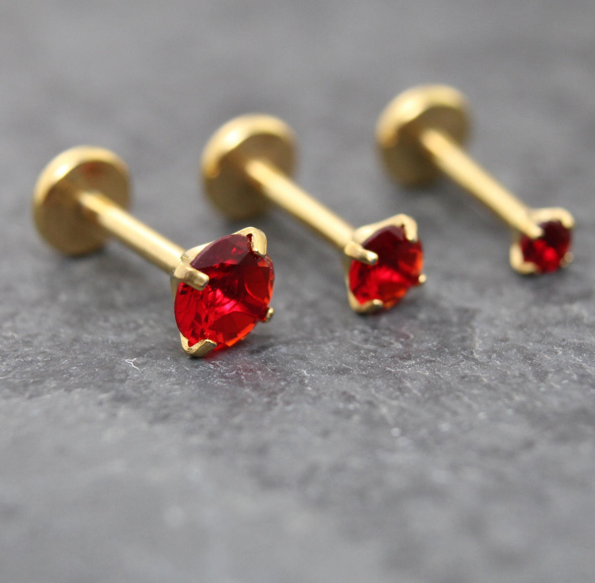 Red CZ Gold Flat Back Stud Earrings ~ Push Pin Nose Ring ~  Tiny Tragus Piercing Stud ~ Cartilage Stud ~ Gold PVD Threadless Earring Stack