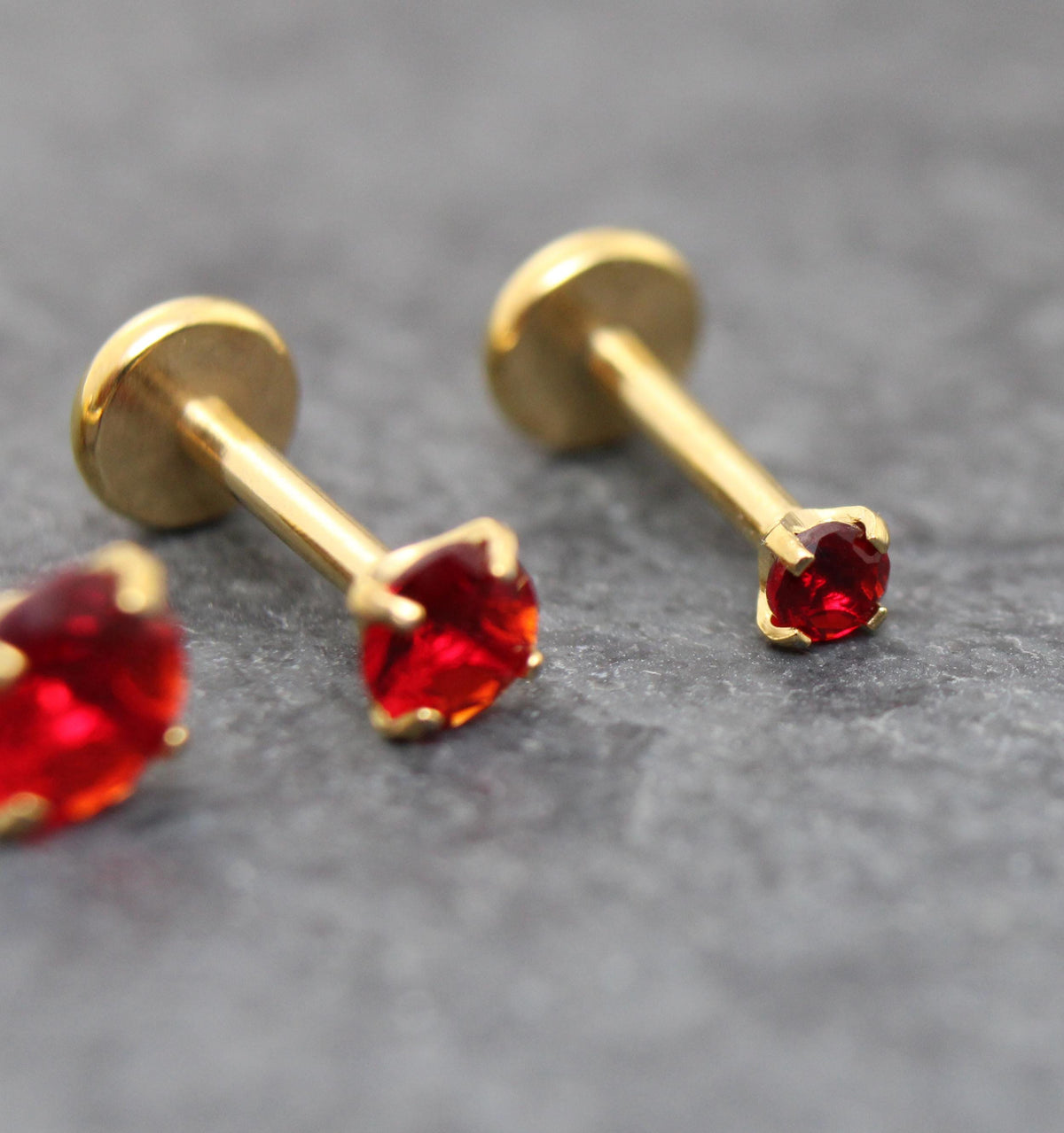 Red CZ Gold Flat Back Stud Earrings ~ Push Pin Nose Ring ~  Tiny Tragus Piercing Stud ~ Cartilage Stud ~ Gold PVD Threadless Earring Stack