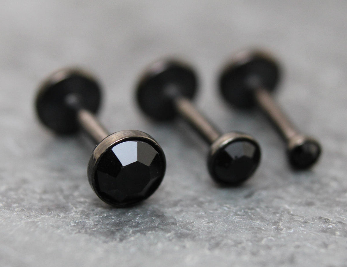 Black Crystal Threadless Flat Back Earring - Tragus Piercing Stud - Labret Stud Earring Stack - Helix Earring - Tiny Bezel Set Nose Ring