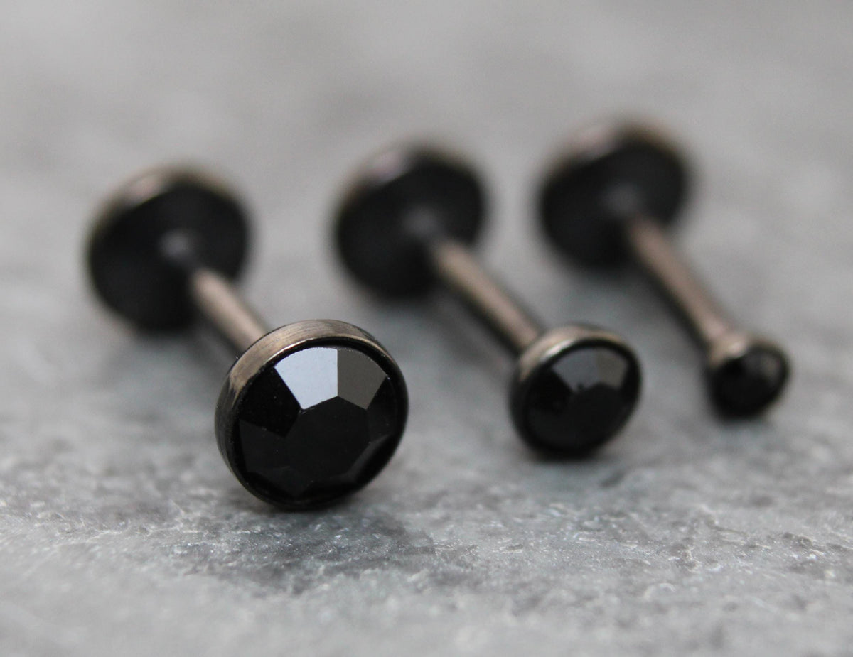 Tiny Black Crystal Threadless Flat Back Earring - Tragus Piercing Stud - Labret Stud Earring Stack - Helix Earring - Bezel Set Nose Ring
