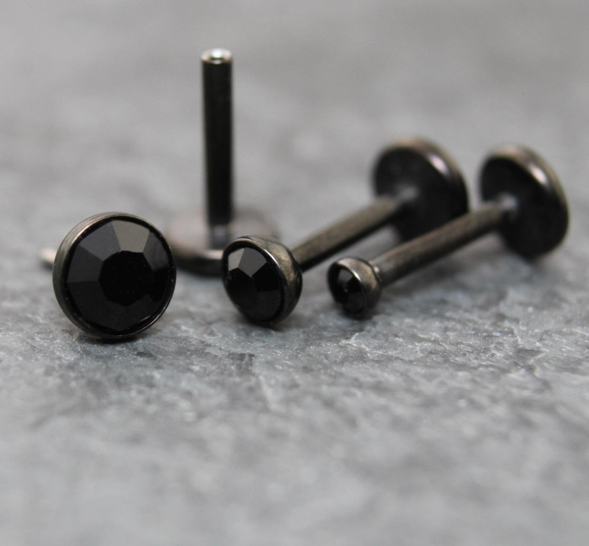 Black Crystal Threadless Flat Back Earring - Tragus Piercing Stud - Labret Stud Earring Stack - Helix Earring - Tiny Bezel Set Nose Ring