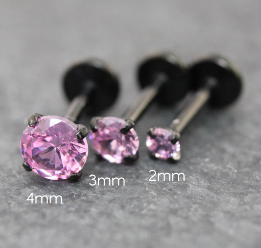 Tiny Pink Black Tragus Stud Earring, Threadless Piercing Stud • Cartilage Flat Back Earring • Hypoallergenic Labret Piercing • Forward Helix