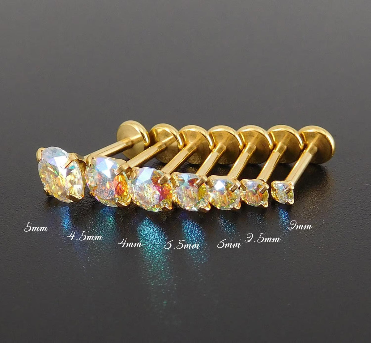 Moissanite Threadless Flat Back Stud Earring Gold PVD Stud Earring: Threadless Cartilage Tragus Ring, Nose Ring, Labret Stud Earring