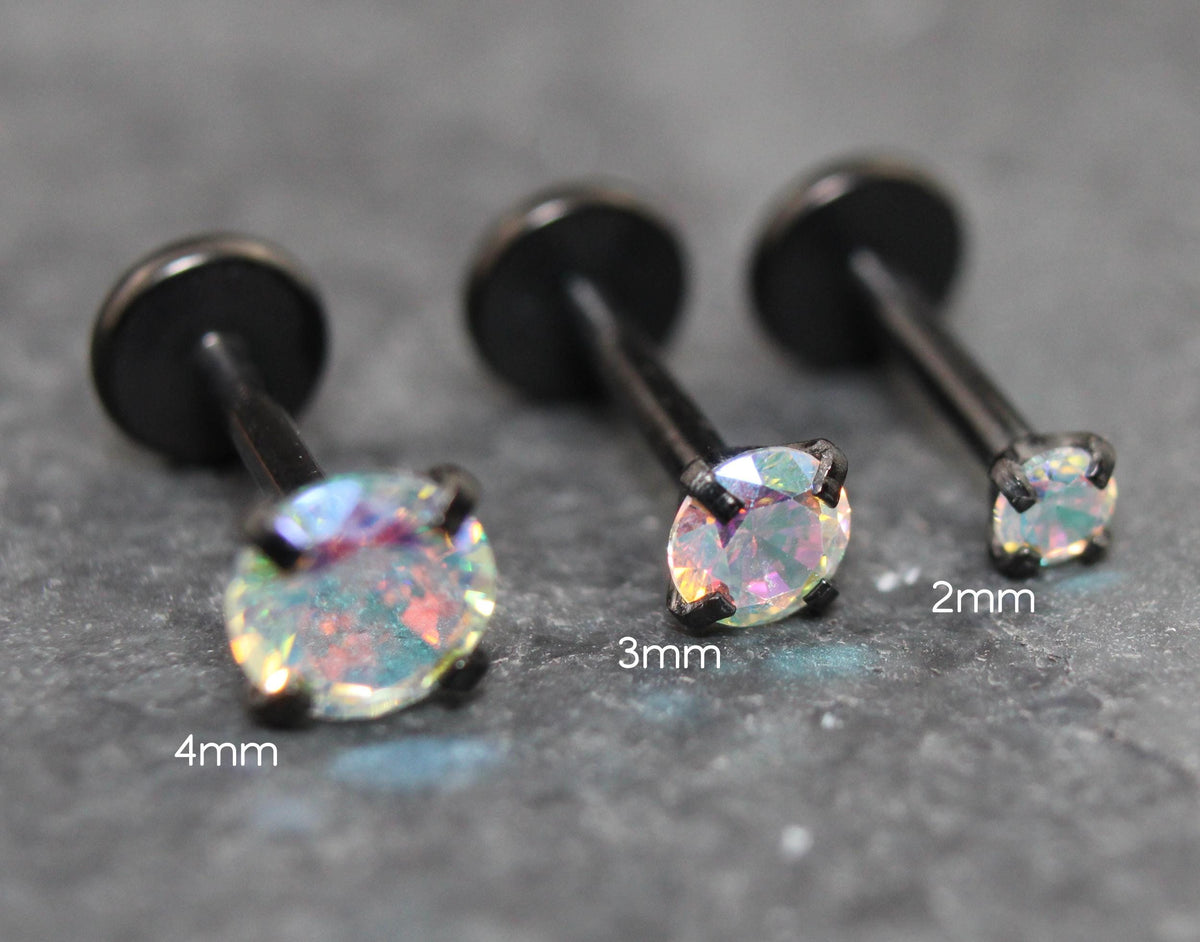 Unique AB Crystal Threadless Push Pin Flat Back Earring - Tragus Piercing Stud - Labret Stud Earring Stack - Helix Earring - Black Nose Ring