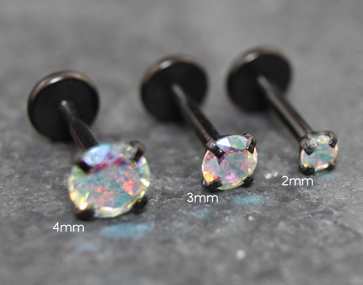 AB Crystal Black Threadless Stud Earring - Black Prong Set Stud Flat Back Earring - Unique AB 18G Cartilage Stud -  Threadless Tragus Stud