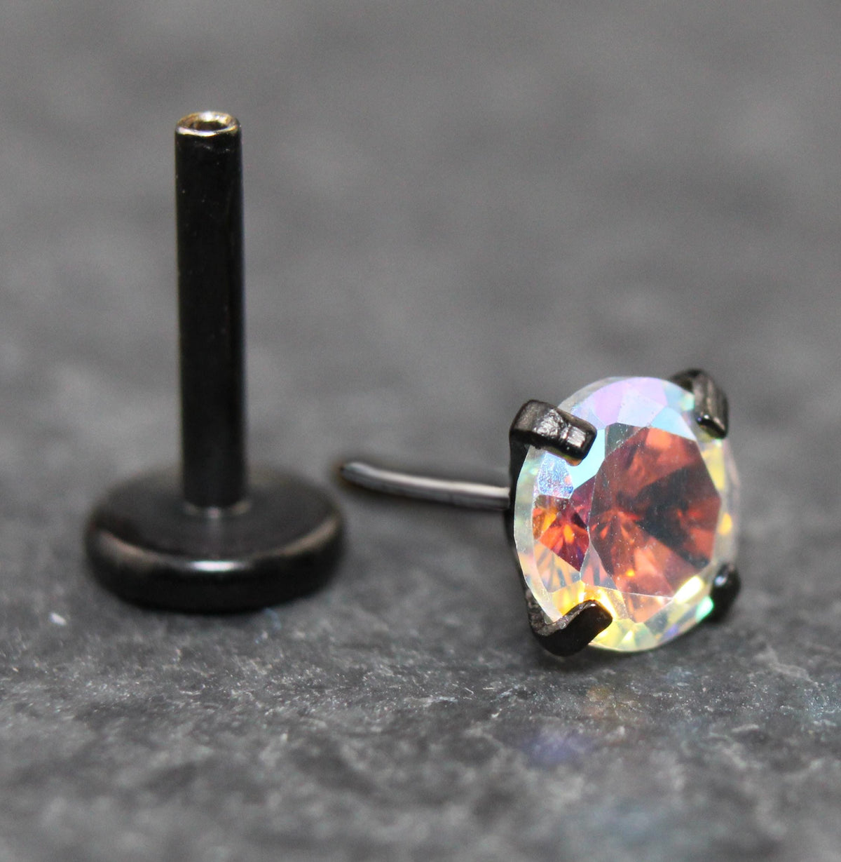 Unique AB Crystal Threadless Push Pin Flat Back Earring - Tragus Piercing Stud - Labret Stud Earring Stack - Helix Earring - Black Nose Ring