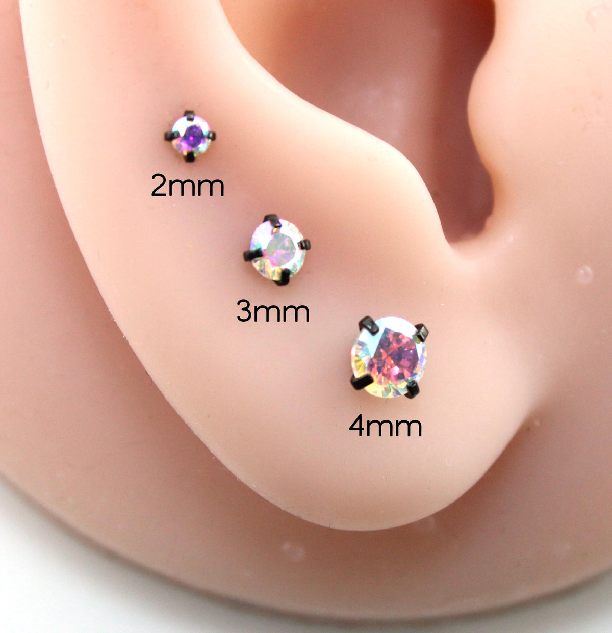 AB Crystal Black Threadless Stud Earring - Black Prong Set Stud Flat Back Earring - Unique AB 18G Cartilage Stud -  Threadless Tragus Stud