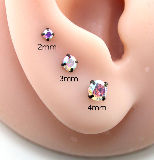 AB Crystal Black Threadless Stud Earring - Black Prong Set Stud Flat Back Earring - Unique AB 18G Cartilage Stud -  Threadless Tragus Stud