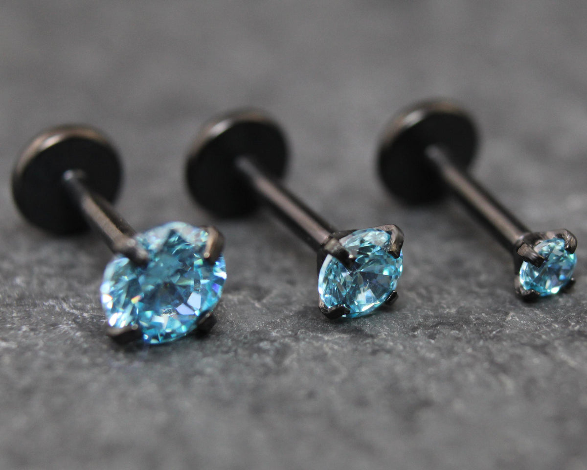 Aqua Threadless Push Pin Flat Back Earring - Tragus Piercing Stud - Labret Stud Earring Stack - Helix Earring - Black Nose Ring