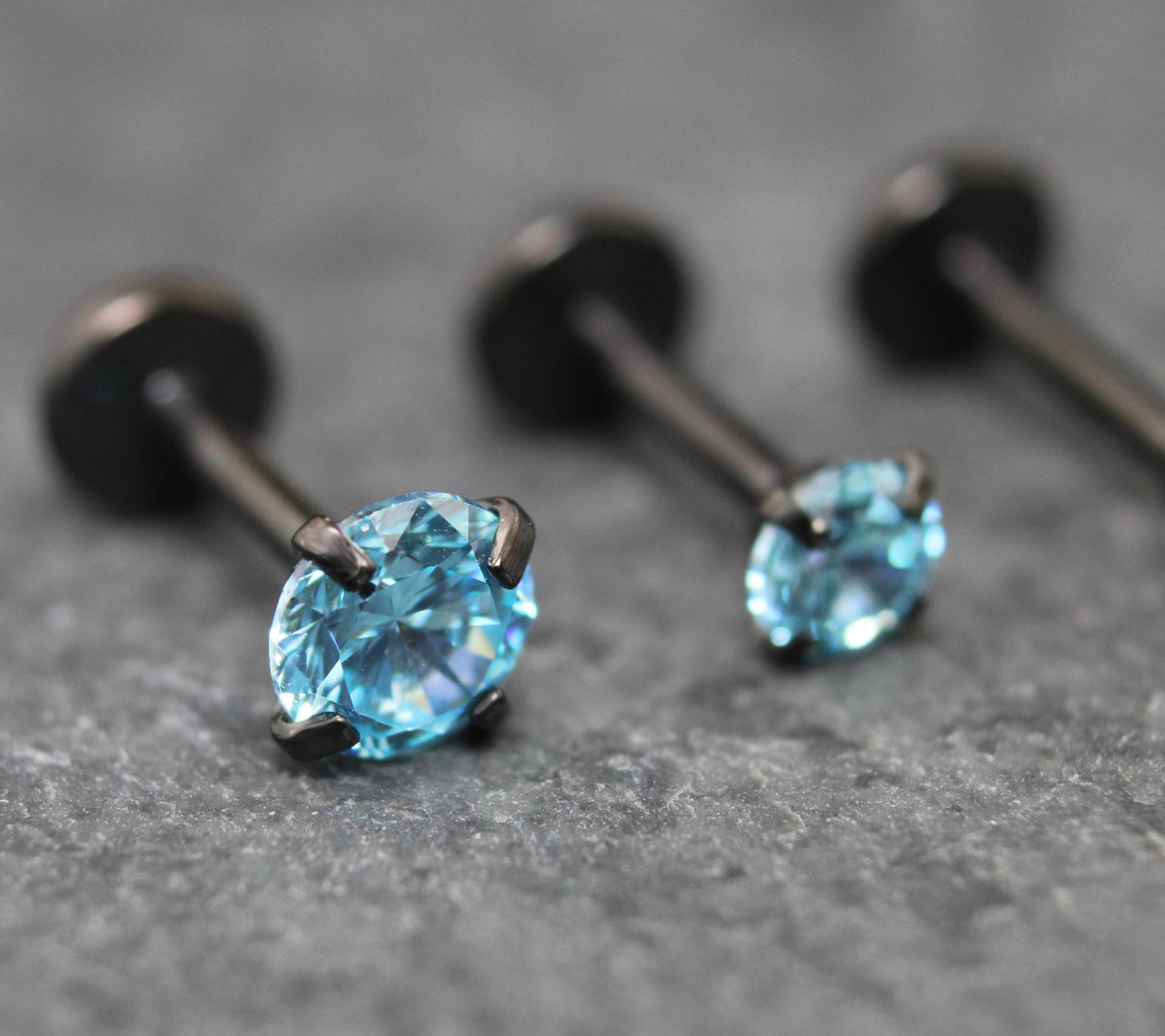 Aqua Threadless Stud Earring - Tragus Piercing Flat Back Push Pin Earring - Labret Stud Earring Stack - Helix Earring - Black Nose Ring