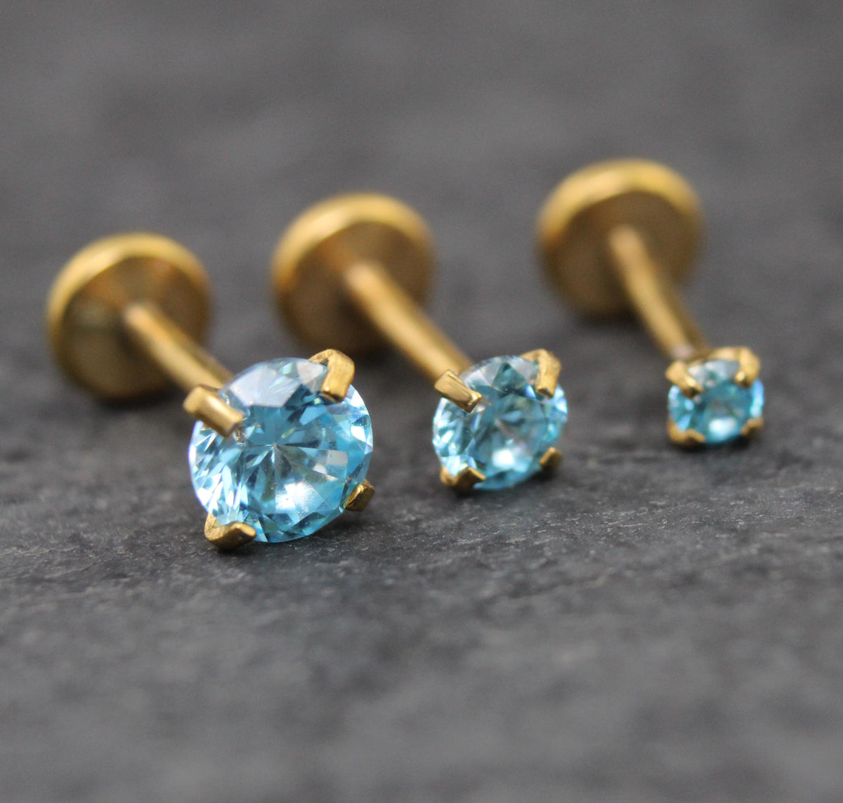 Gold Aqua Threadless Stud Earring • Aqua Stone Nose Ring • Tragus Piercing Stud • Flat Back Earring • Forward Helix Cartilage Stud