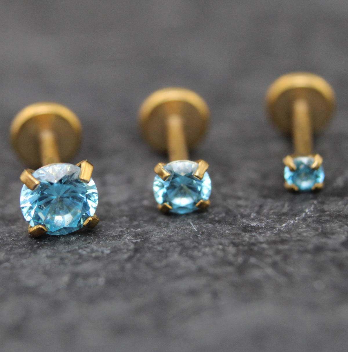 Gold PVD Surgical Steel Aqua Cubic Zirconia Stud Earring • Threadless Flat Back Piercing Jewelry • Threadless Flat Back Stud Earring