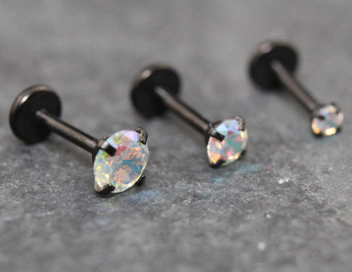 Unique AB Crystal Threadless Push Pin Flat Back Earring - Tragus Piercing Stud - Labret Stud Earring Stack - Helix Earring - Black Nose Ring