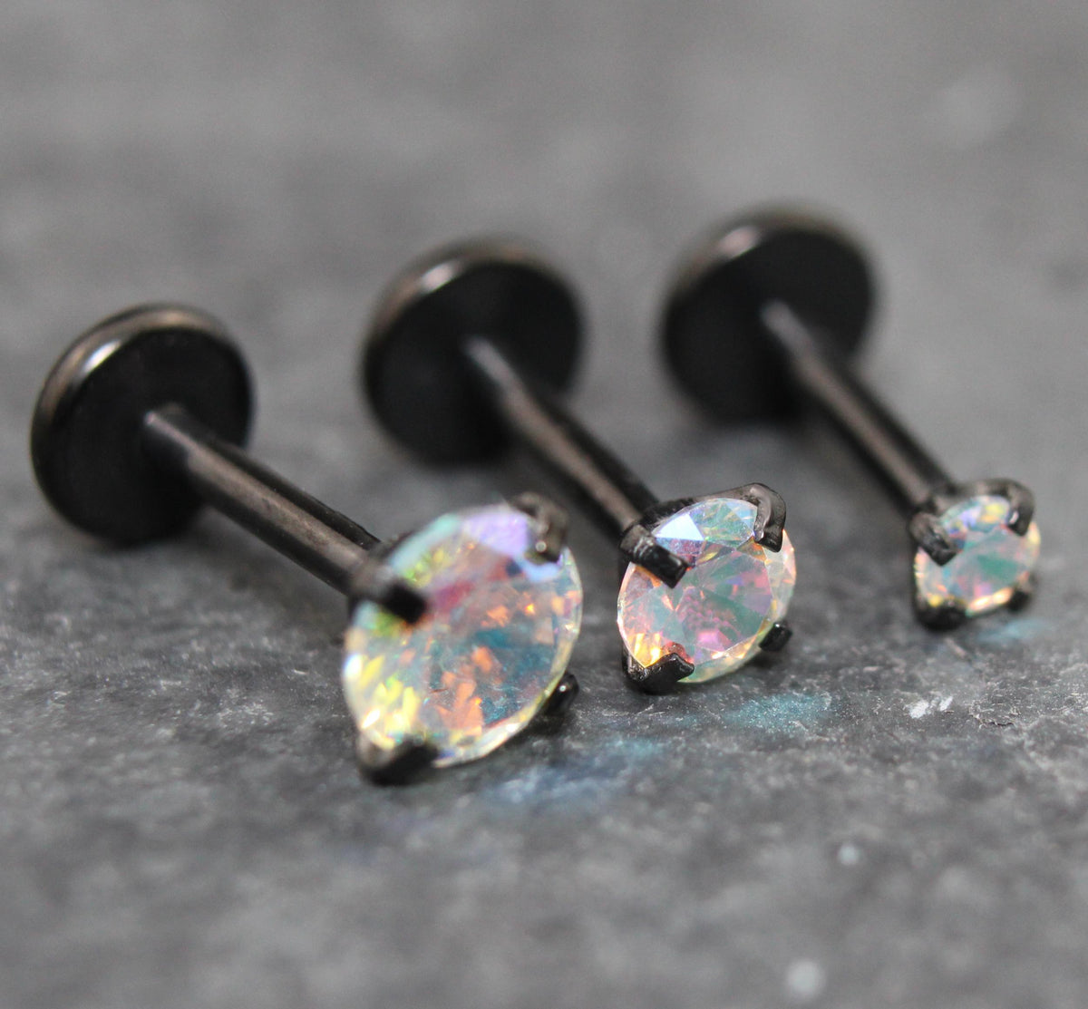 AB Crystal Black Threadless Stud Earring - Black Prong Set Stud Flat Back Earring - Unique AB 18G Cartilage Stud -  Threadless Tragus Stud