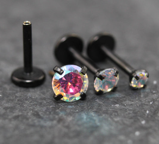 Unique AB Crystal Threadless Push Pin Flat Back Earring - Tragus Piercing Stud - Labret Stud Earring Stack - Helix Earring - Black Nose Ring