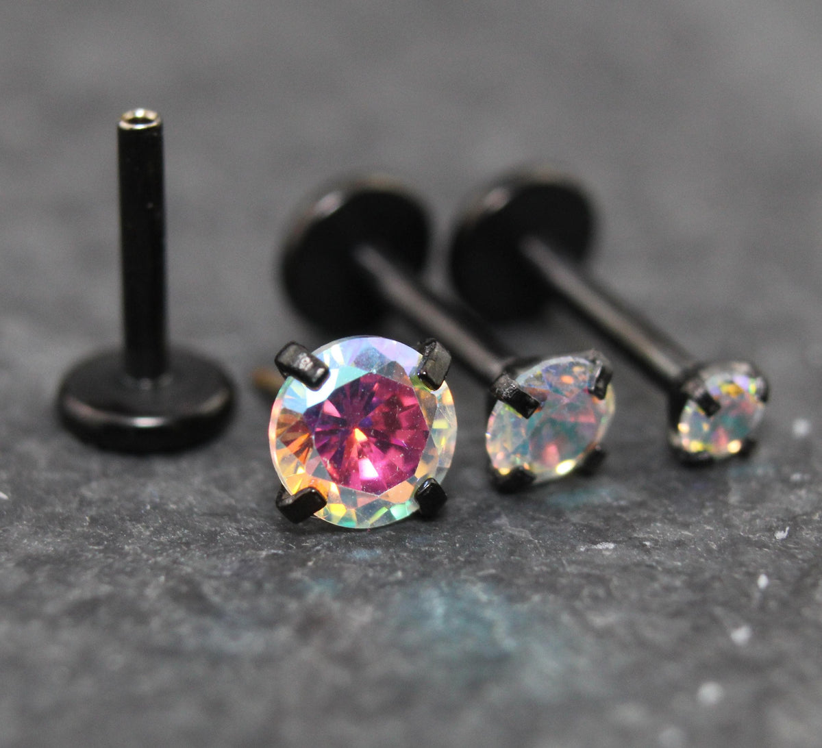 AB Crystal Black Threadless Stud Earring - Black Prong Set Stud Flat Back Earring - Unique AB 18G Cartilage Stud -  Threadless Tragus Stud