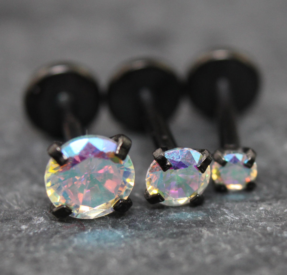 AB Crystal Black Threadless Stud Earring - Black Prong Set Stud Flat Back Earring - Unique AB 18G Cartilage Stud -  Threadless Tragus Stud