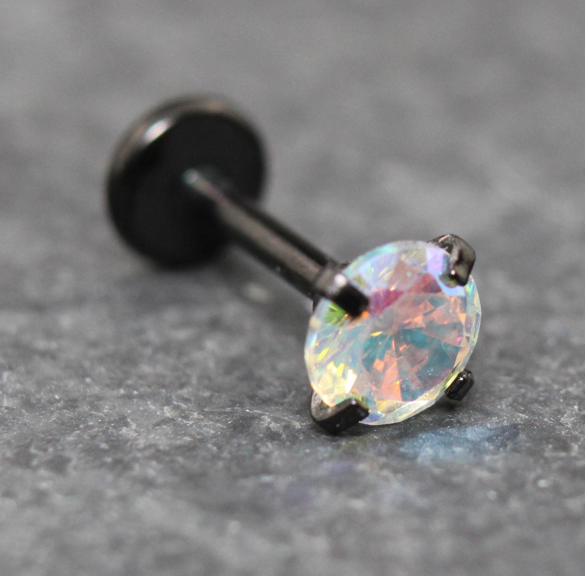 Unique AB Crystal Threadless Push Pin Flat Back Earring - Tragus Piercing Stud - Labret Stud Earring Stack - Helix Earring - Black Nose Ring