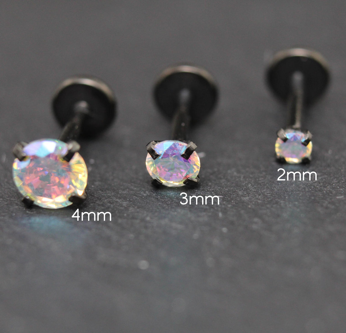 AB Crystal Black Threadless Stud Earring - Black Prong Set Stud Flat Back Earring - Unique AB 18G Cartilage Stud -  Threadless Tragus Stud