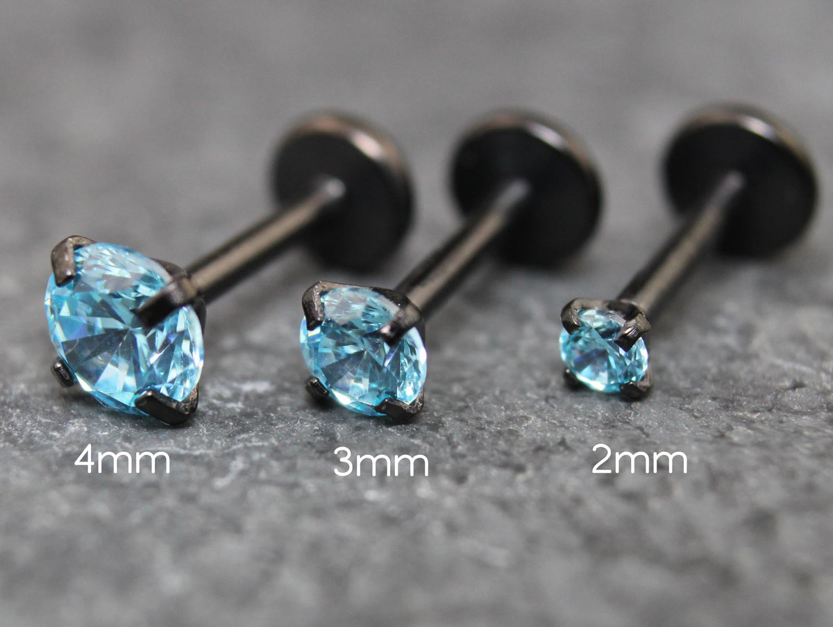 Aqua Threadless Stud Earring - Tragus Piercing Flat Back Push Pin Earring - Labret Stud Earring Stack - Helix Earring - Black Nose Ring