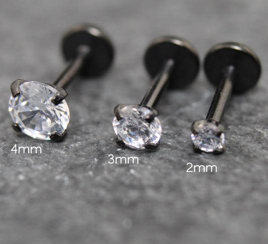 Clear Cubic Zirconia Threadless Stud Earring • Black Nose Ring • Tragus Earring Stack Labret Stud Earring Black Crystal Stud Earring