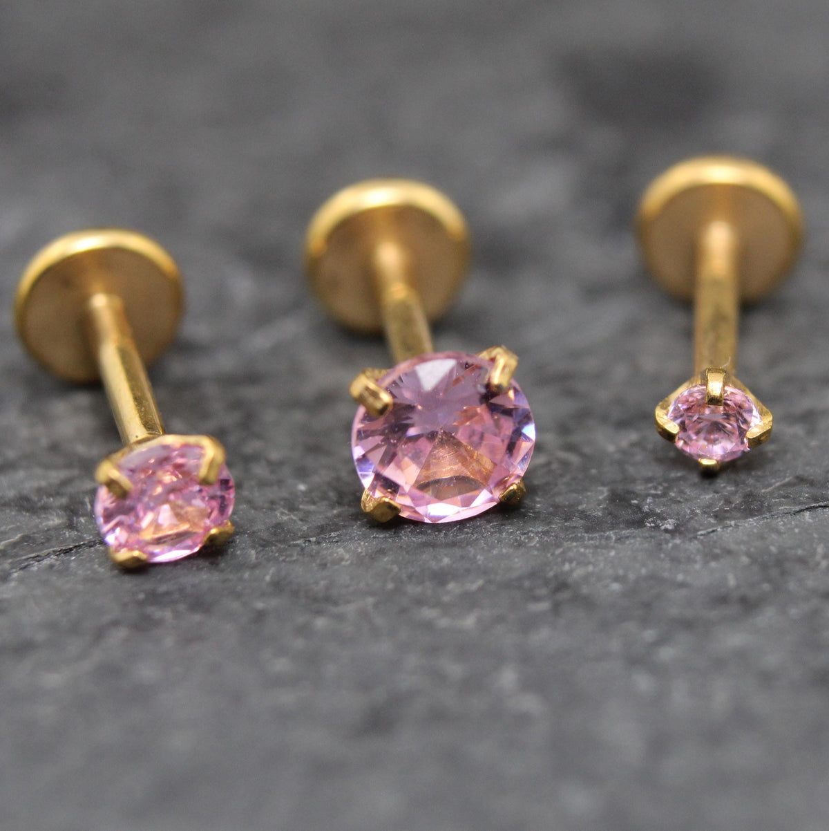 Gold Threadless Pink CZ Stud Earrings ~ Push Pin Nose Ring ~ Tragus Piercing Stud ~ Labret Cartilage Flat Back Comfortable Earring Stack