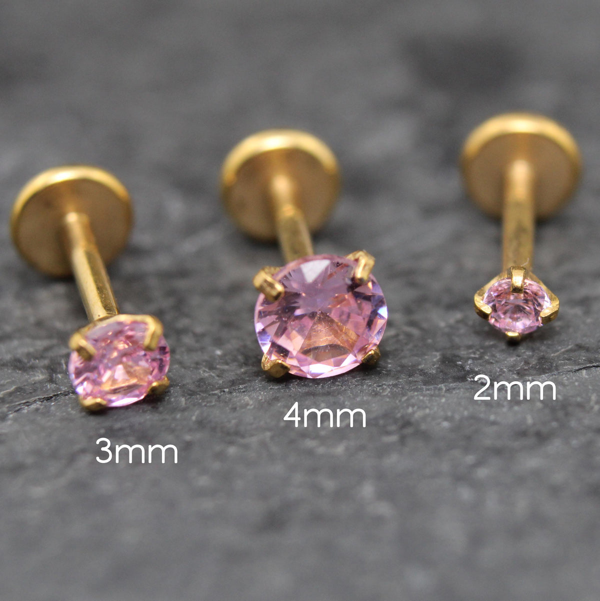 Gold Threadless Pink CZ Stud Earrings ~ Push Pin Nose Ring ~ Tragus Piercing Stud ~ Labret Cartilage Flat Back Comfortable Earring Stack