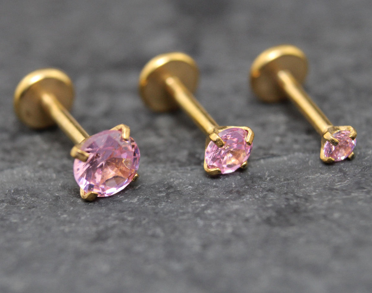 Gold Threadless Pink CZ Stud Earrings ~ Push Pin Nose Ring ~ Tragus Piercing Stud ~ Labret Cartilage Flat Back Comfortable Earring Stack