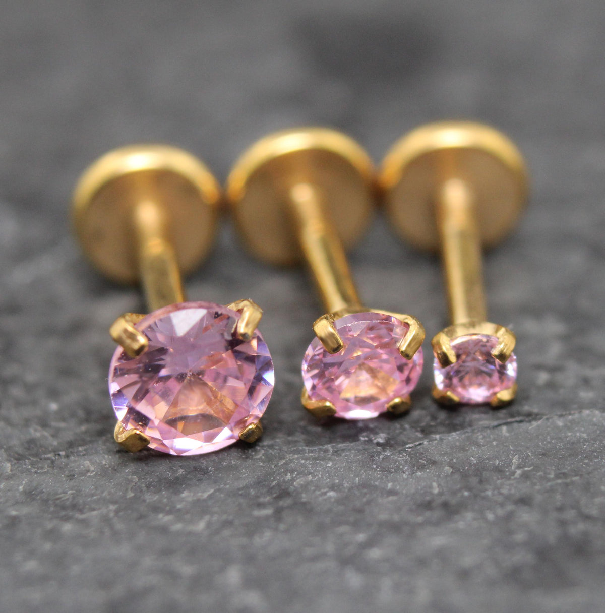 Gold Threadless Pink CZ Stud Earrings ~ Push Pin Nose Ring ~ Tragus Piercing Stud ~ Labret Cartilage Flat Back Comfortable Earring Stack