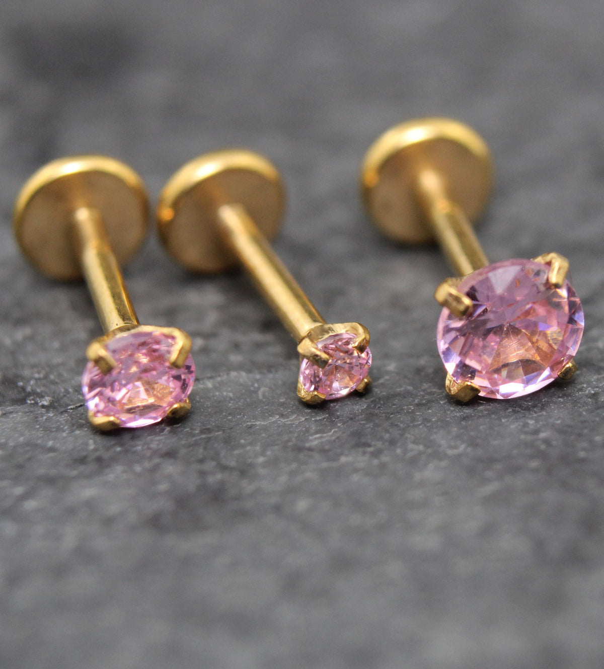 Gold Threadless Pink CZ Stud Earrings ~ Push Pin Nose Ring ~ Tragus Piercing Stud ~ Labret Cartilage Flat Back Comfortable Earring Stack