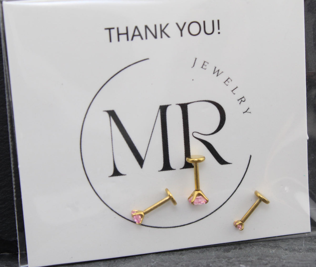 Gold Threadless Pink CZ Stud Earrings ~ Push Pin Nose Ring ~ Tragus Piercing Stud ~ Labret Cartilage Flat Back Comfortable Earring Stack
