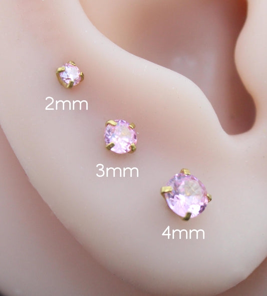 Gold Threadless Pink CZ Stud Earrings ~ Push Pin Nose Ring ~ Tragus Piercing Stud ~ Labret Cartilage Flat Back Comfortable Earring Stack