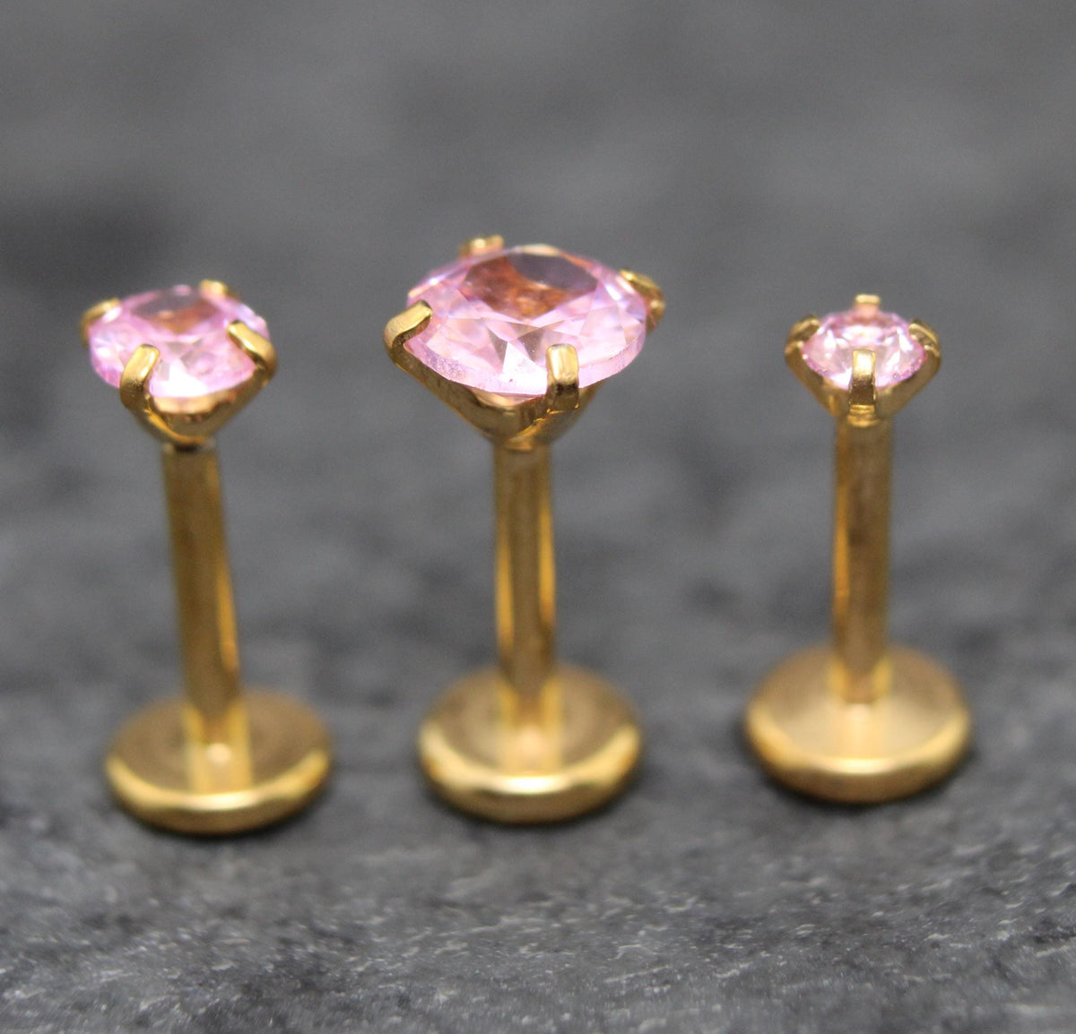 Gold Threadless Pink CZ Stud Earrings ~ Push Pin Nose Ring ~ Tragus Piercing Stud ~ Labret Cartilage Flat Back Comfortable Earring Stack
