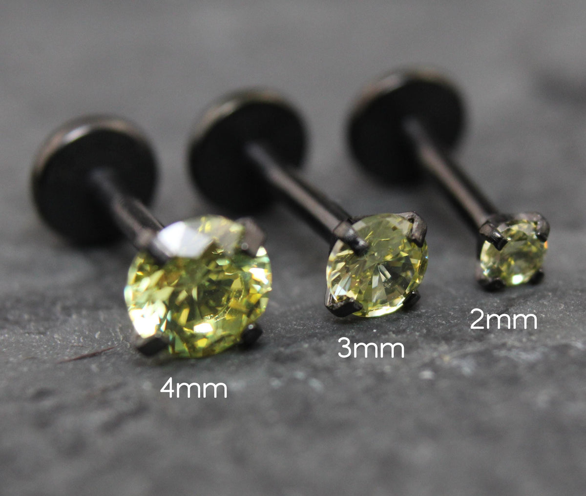 Olive Green Labret Stud Earring Black Crystal Stud Earring, Threadless Push Pin Flat Back Earring • Black Nose Ring • Tragus Earring Stack
