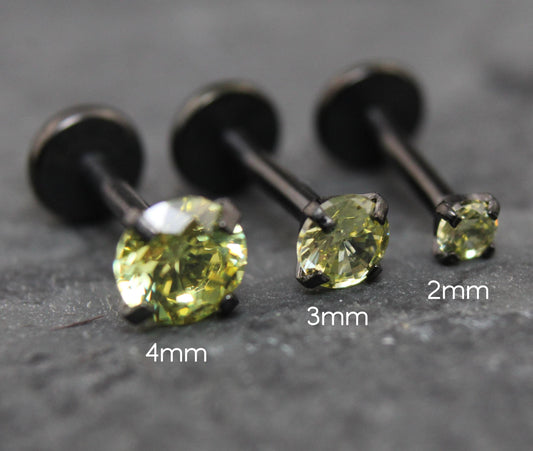 Olive Green Labret Stud Earring Black Crystal Stud Earring, Threadless Push Pin Flat Back Earring • Black Nose Ring • Tragus Earring Stack