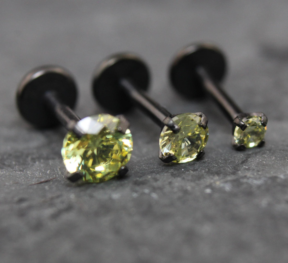 Olive Green Labret Stud Earring Black Crystal Stud Earring, Threadless Push Pin Flat Back Earring • Black Nose Ring • Tragus Earring Stack