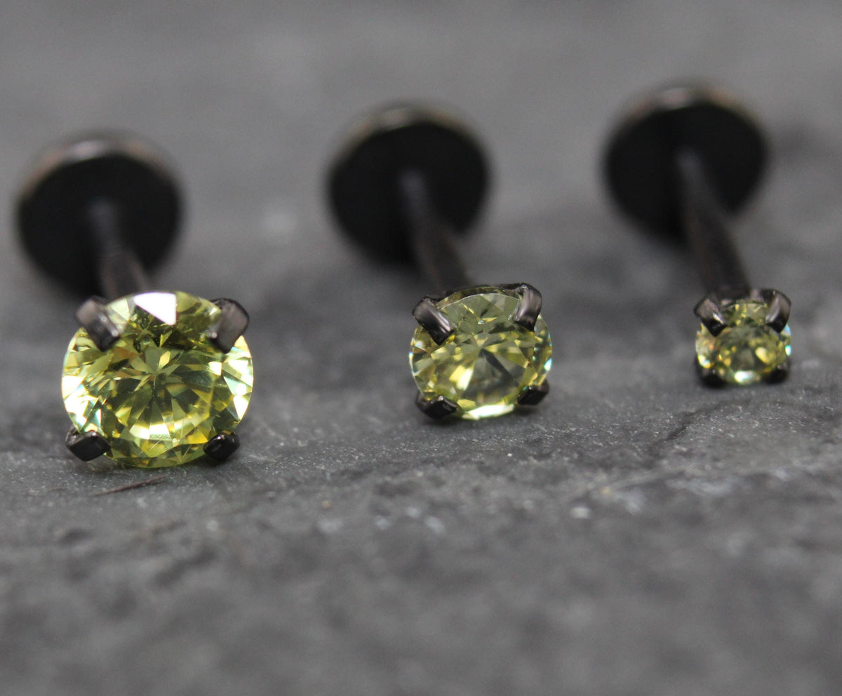 Olive Green Labret Stud Earring Black Crystal Stud Earring, Threadless Push Pin Flat Back Earring • Black Nose Ring • Tragus Earring Stack