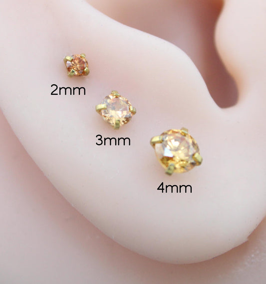 Champagne Stone Threadless Stud Earring • Surgical Steel Stud Earring • Tragus Piercing Stud • Flat Back Stud • Forward Helix Cartilage Stud