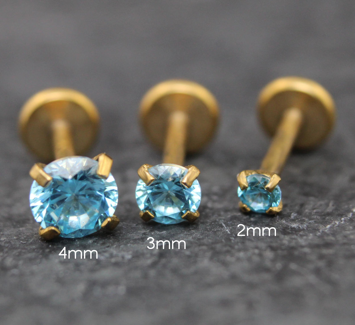 Gold PVD Surgical Steel Aqua Cubic Zirconia Stud Earring • Threadless Flat Back Piercing Jewelry • Threadless Flat Back Stud Earring